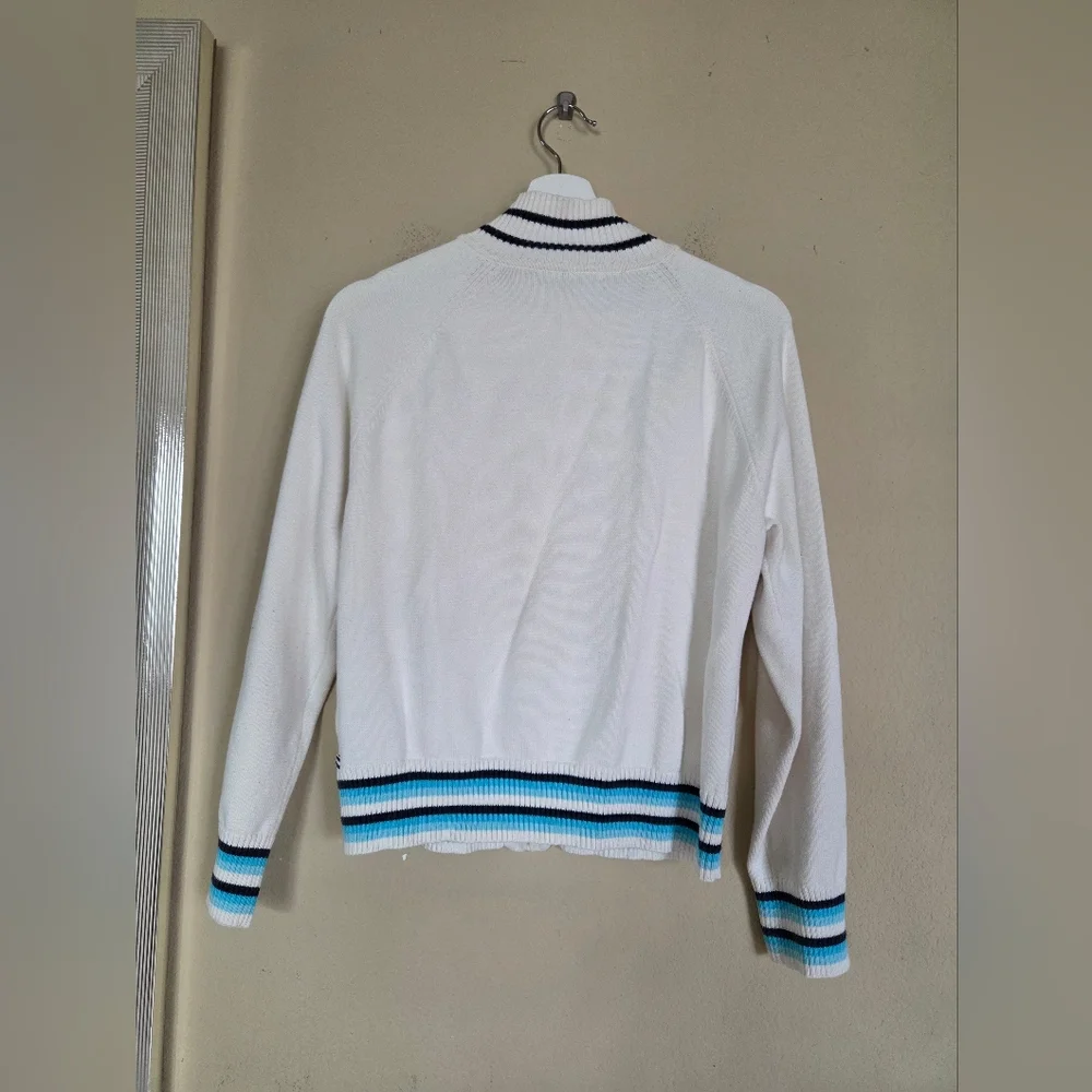 Izod Cotton Knit Zip Up Cardigan Sweater Sporty Stripe Preppy Nautical